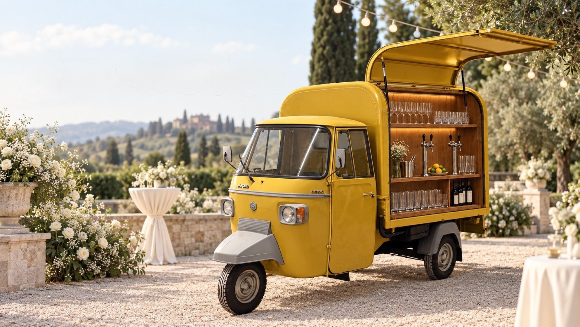 Mobilní svatební Piaggio bar Prosecco Piškot na svatební hostině s nabídkou prosecca, míchaných drinků.
