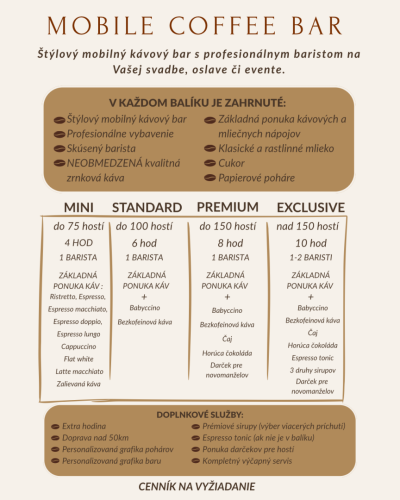 Informačný leták pre Mobile Coffee Bar ponúkajúci štýlový kávový servis na svadby a eventy s prehľadom balíkov Mini, Standard, Premium a Exclusive.