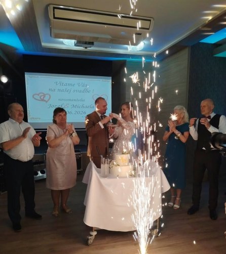 Novomanželia krájajú svadobnú tortu počas svetelnej show s fontánami, ktorú zabezpečil Dj a moderátor.