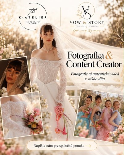 Reklamný vizuál pre svadobnú fotografku a content creatora so zábermi nevesty v čipkovaných šatách a družičiek v exteriéri.