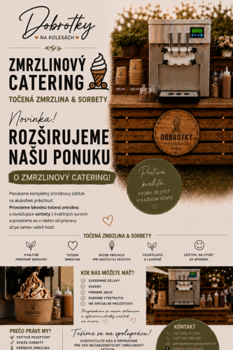 Ponuka na zmrzlinový catering od Dobrotky na kolesách s profesionálnym strojom na točenú zmrzlinu a sorbety pre svadby a oslavy.